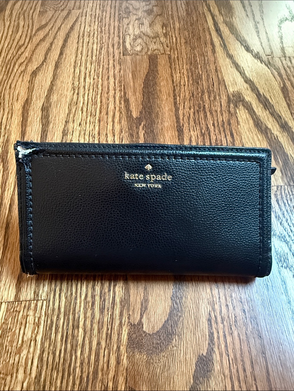 kate spade Black Pebbled Leather Clutch Wallet with Gold Logo